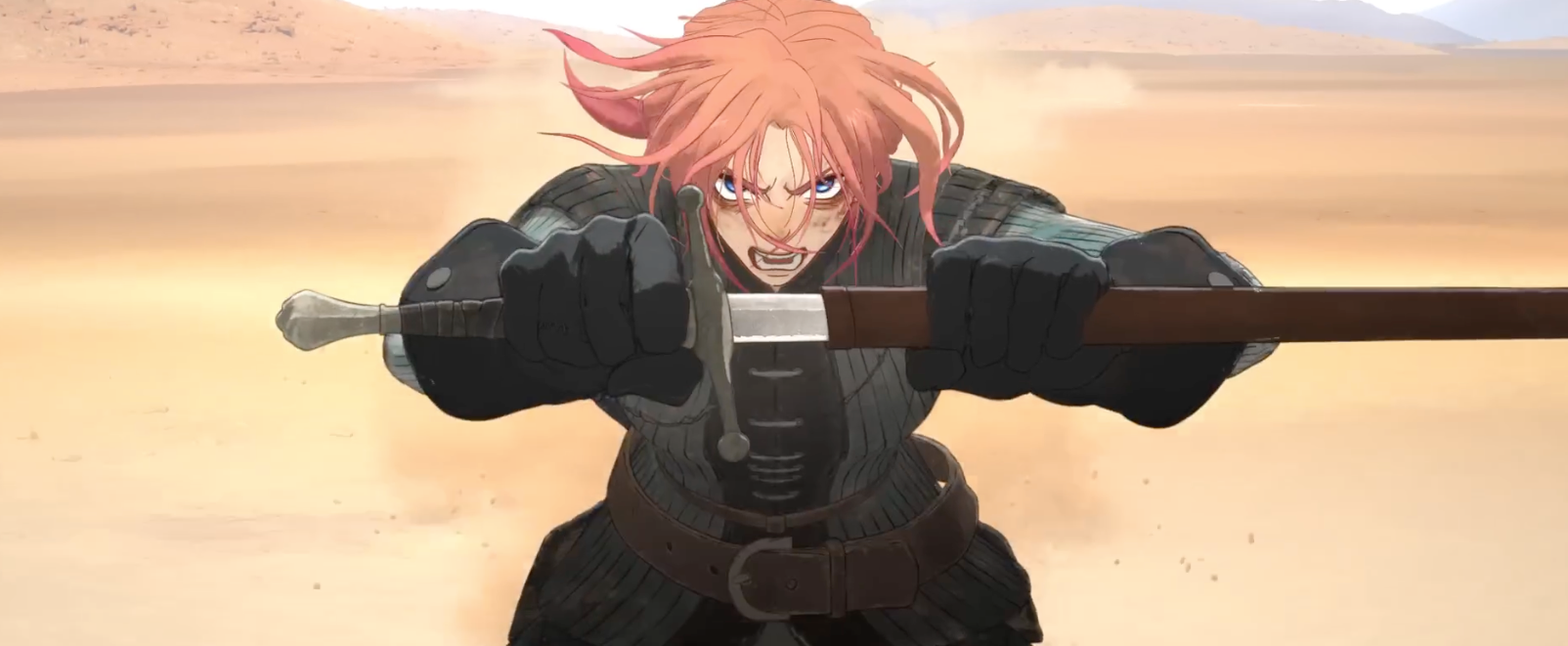 A pink-haired warrior princess unsheathes a sword while running across a desert landscape. From Scarlet.